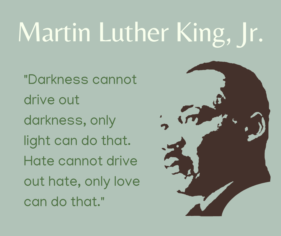 Martin Luther King, Jr. quote "Darkness cannot drive out darkness, only light can do that. Hate cannot drive out hate, only love can do that."