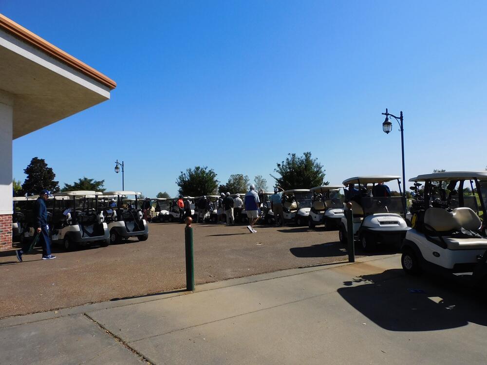 TCSO had 16 teams participate in its 2020 tournament. Players head to their golf carts to start the tournament!
